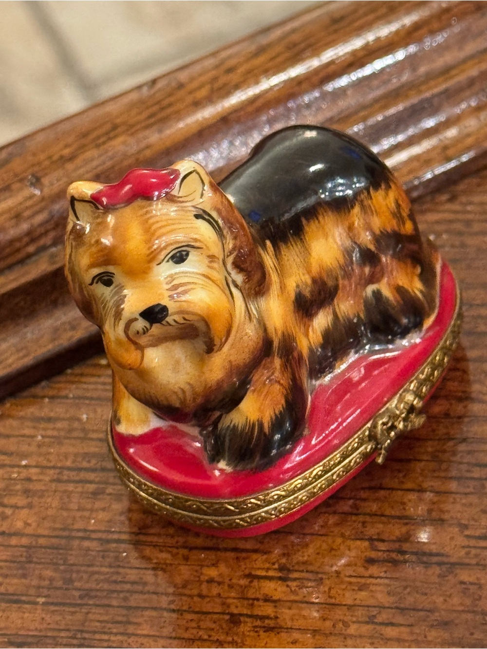 Limoges Hand-Painted Ceramic Yorkie Trinket Box with Red Base